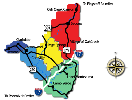 Map for surrounding areas Sedona area real estate and Verde Valley communites to start your search for real estate and learn more about each town.